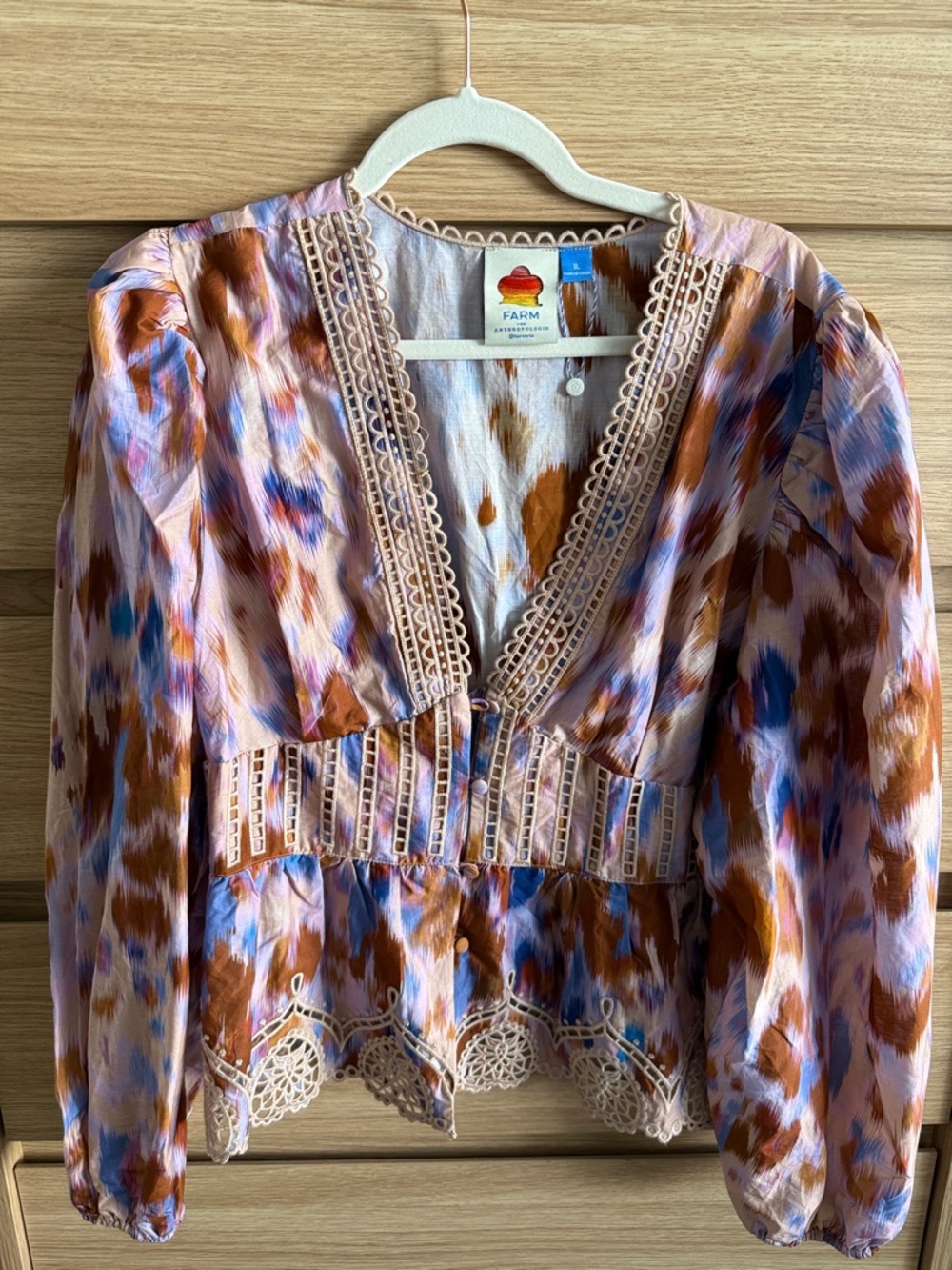 FARM Rio Pink Multi-Color Lace-Trim V-Neck Blouse
